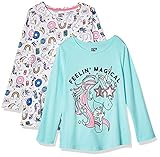 Amazon Essentials Toddler Girls' Long-Sleeve Tunic T-Shirts (Previously Spotted Zebra), Pack of 2, White Doodles/Unicorn, 3T