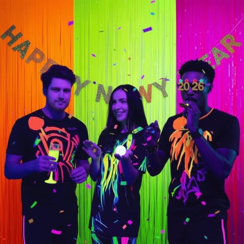 Image of Mega-L Glow in The Dark Party Backdrop, 6 Pack Neon Fringe Curtains | Neon Birthday Decorations, Fluorescent Tinsel Foil Backdrop Streamers for Birthday Wedding Decor