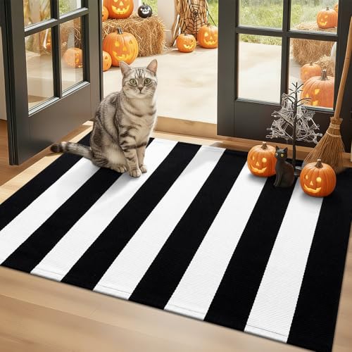 OLANLY Black and White Striped Rug