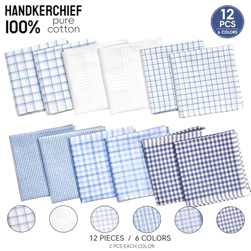 Image of Men's 12pcs 100% Cotton Checkered Handkerchiefs Gift Box, 15.75 Inch Soft Breathable Absorbent Large Pocket Squares