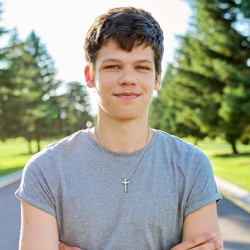 IEFLIFE Cross Necklaces Gifts - Cross Necklaces Gifts for Men Him, Silver Box Chain Stainless Steel Cross Necklace Jewelry Anniversary Birthday Gift for Dad Husband Son Grandson Gift3