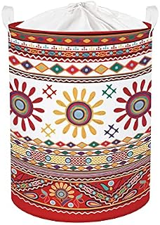 Clastyle Boho Abstract Sunflower Red Laundry Hamper Artistic Round Clothes Storage Basket for Bedroom, 45L