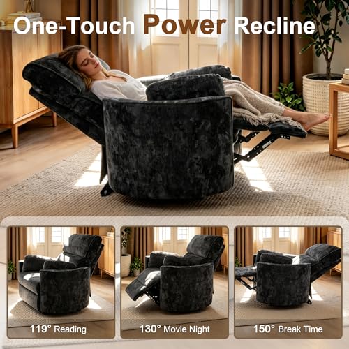 Image of 450lbs Oversized Power Recliner Chair for Big & Tall Adults, Extra Wide Electric Chair with USB & Type-C Ports, Chenille Single Sofa with Pillows for Living Room, Bedroom, Black