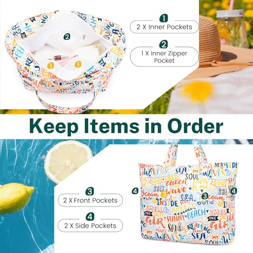 Image of Iioscre Beach Bag for Women, Causal Hobo Handbags with Zipper Inner Pocket, Foldable Swim Tote Bag for Vacation Essentials
