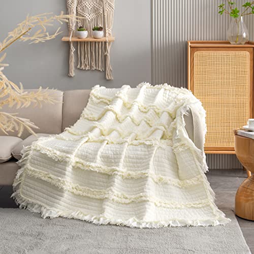 Ultra Soft Pre-Washed Warm Quilted Throw Blanket, Ruffle Fringed Cream Boho Decorative Throw, Stone Washed Chic Rustic Blanket for Sofa Couch Bed Chair, 50"x 60" Ultra Soft Pre-Washed Warm Quilted Throw Blanket, Ruffle Fringed Cream Boho Decorative Throw, Stone Washed Chic Rustic Blanket for Sofa Couch Bed Chair, 50"x 60"