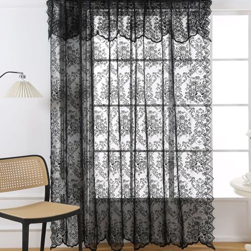 Homxi Cortinas Semitranslucida 2 Paneles,2 x 140W x 200H CM,Cortinas Ventana Habitación Patrón de Florales Encaje Bordado Negro Cortina Bolsillos