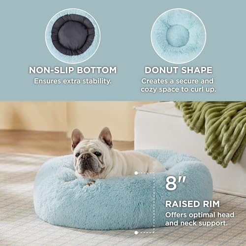 Image of Bedsure Calming Dog Bed for Medium Dogs - Donut Washable Medium Pet Bed, 30 inches Anti-Slip Round Fluffy Plush Faux Fur Cat Bed, Fits up to 45 lbs Pets, Aqua Blue