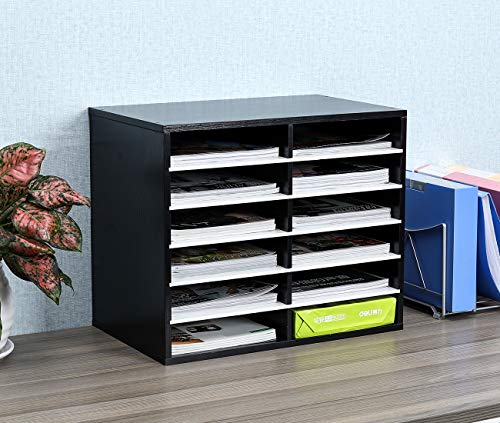 Pag Wood Desktop Literature Organizer Adjustable File Sorter Mail Center Magazine Holder Paper Storage Cabinet Classroom Keepers Mailbox For Office Home School, 12 Compartments, Black&White #TOP5