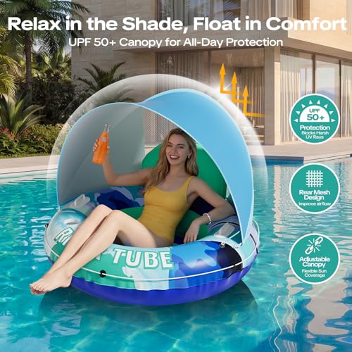 Image of Verdenu Inflatable River Tube Float with Detachable Canopy, Heavy Duty River Float for Adults, Large Pool Float with Backrest & Cup Holder for Lake, River, Pool