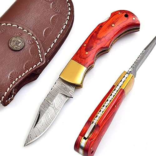 Handmade Damascus pocket knife for men |Tactical Folding Pocket knife with Lock | Best knife for Fishing, Camping, Hiking | Damascus steel Blade Foldable hunting knife with Horizontal Carry sheath (RED)