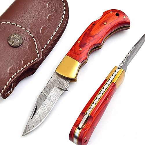 Handmade Damascus Pocket Knife For Men |Tactical Folding Pocket Knife With Lock | Best Knife For Fishing, Camping, Hiking | Damascus Steel Blade Foldable Hunting Knife With Horizontal Carry Sheath (Red) #TOP3