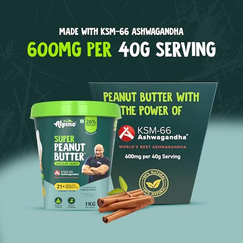 Image of Alpino Super Peanut Butter with KSM-66 Ashwagandha Chocolate Crunch 1kg - Curated by Mukesh Gahlot inchGuruji inch - High Protein, Clinically Tested with 21+ Health Benefits: Aids Strength, Stamina and Recovery