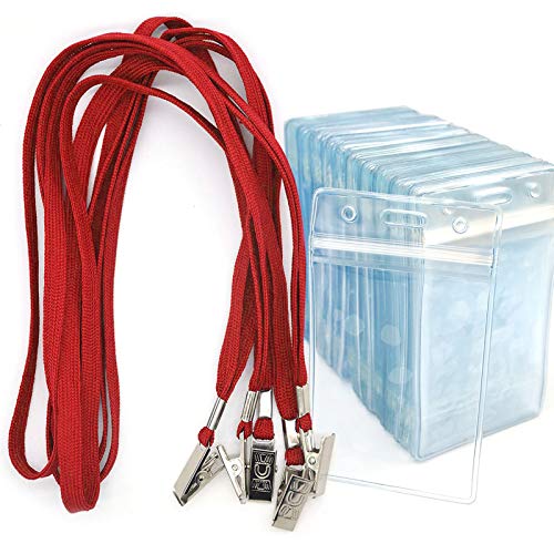 Bird Fiy Lanyards with Id Holder Badges Name Tags 50 Pack Lanyards with Bulldog Clip and 50 Pack Waterproof Clear Plastic Vertical Name Tag Badge ID Card Holders (Red)