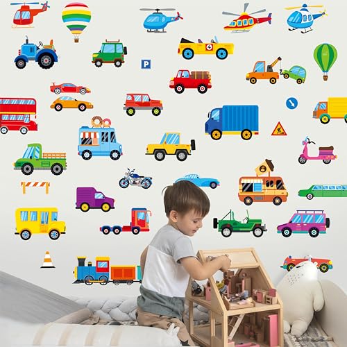 105 PCS Vehicle Wall Stickers, Self-Adhesive Vinyl Transportation Decals-Cars Buses Trucks Planes Road Signs, Colorful Wall Decors for Kids Room,...