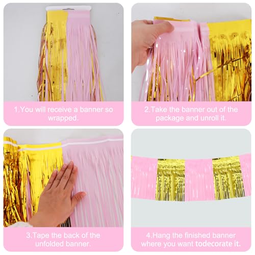 Image of BEISHIDA 3 Packs Metallic Foil Fringe Garland Macaron Pink Gold Wall Hanging Tinsel Fringe Banners for Car Floats Bridal Shower Wedding Birthday Graduation Holiday Party Decoration(30 Feet)