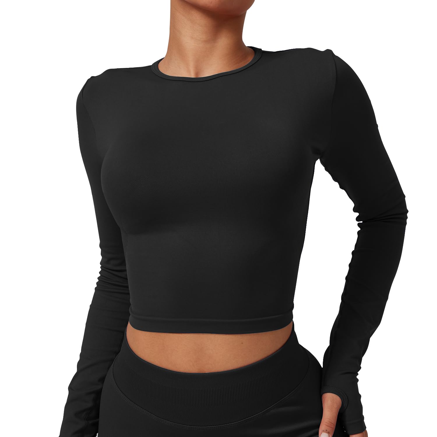 JN JANPRINT Ensemble de sport 2 pièces sans couture pour femme - Haut à manches longues - Leggings froncés dissimulés - Tenue de yoga