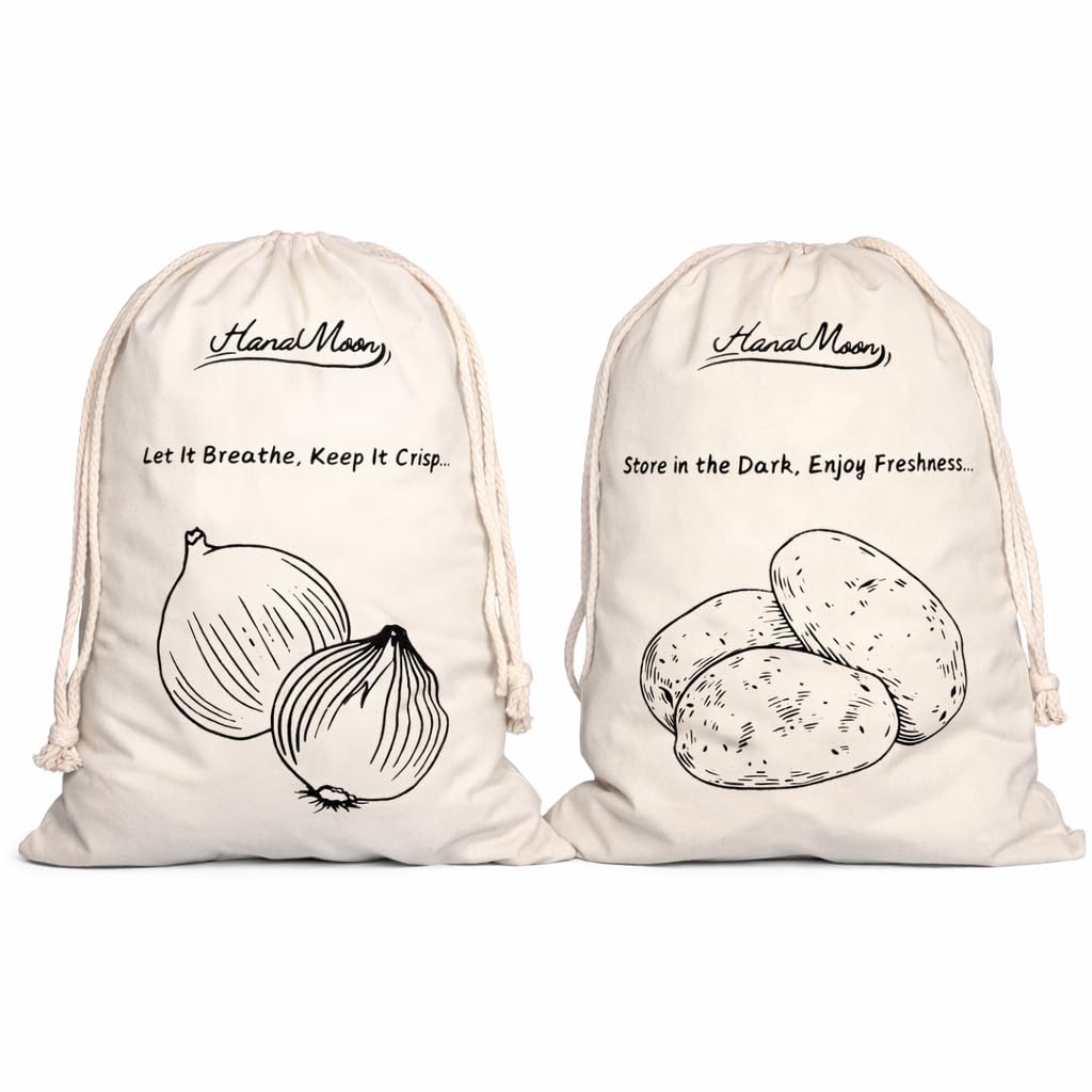 2-Pack Cotton Storage Bags – 1x Potato & 1x Onion Bag | Reusable, Breathable, Eco-Friendly Vegetable Storage | 100% Natural Cotton | Pantry & Kitchen Food Organiser