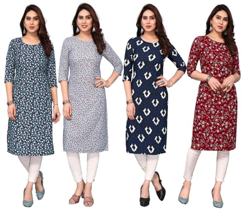 Image of JAKHANA Women's Crepe Printed Casual Straight Calf Length Round Nick Kurta Pack of 4