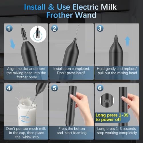 Image of Rechargeable Milk Frother with Stand,3-Speed Handheld Coffee Electric Whisk, Detachable Stainless Steel Frother Wand, Coffee Frother & Drink Mixer for Latte, Cappuccino, Hot Chocolate, Egg (Black)