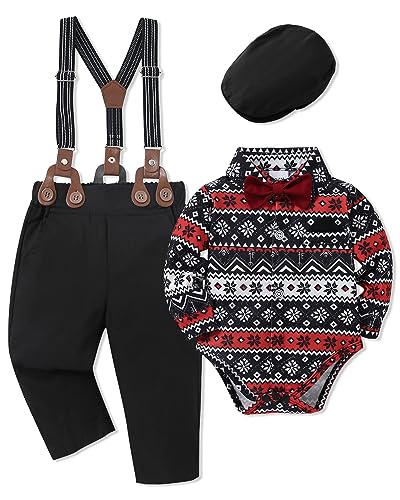 Image of WESIDOM Baby Boy Clothes Suit 0-18M Infant Gentleman Suit Outfits 5Pcs Dress Shirt + Strap + Pants + Bowtie + Beret