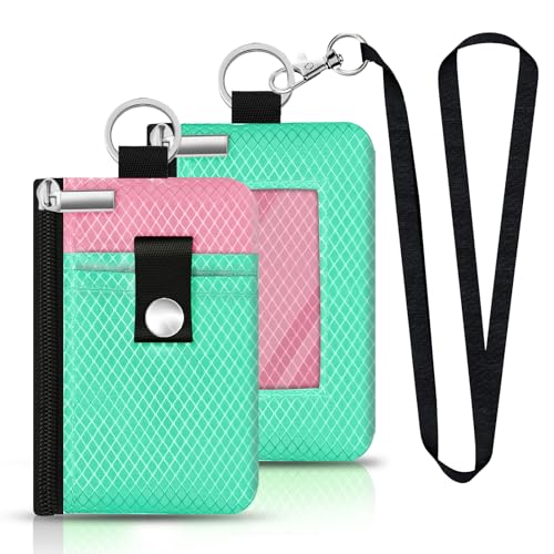 Image of Minimalist RFID Blocking Small Wallet with ID Window,WaterResistant Zip Id Case Wallet with Lanyard Keychain for Cards,Cash,Travel,Women,Men (Mint Green /Pink)
