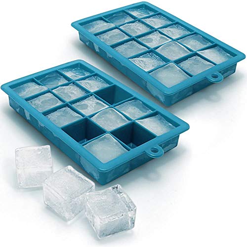 Cobiz - Bandeja de silicona para cubitos de hielo (15 cuadrados, grado alimenticio, libre de bisfenol A, ideal para congelador, comida de bebé, zumo, whisky, cóctel, 2 unidades, verde y azul)
