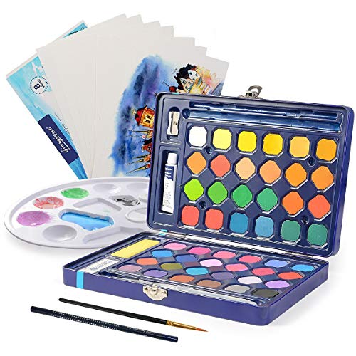 Ulikey 48 Color Kit de Pintura de Acuarela, Set de Pintura de Acuarelas Profesionales, Portatiles Set de Pinturas de Acuarela Slida para Artistas Principiantes, Aficionados (Azul)
