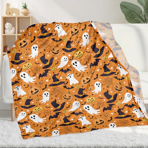Image of Halloween Blanket for Kids, Orange Pumpkin Ghosts Fleece Throw Blanket for Halloween Decor, Soft Cozy Plush Fall Blanket for Toddlers, Fall Gifts for Boys Girls Toddlers Birthday, 40x60 Inches