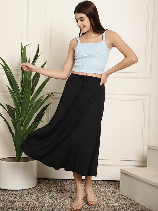 Image of NEUDIS Women Black Ribbed Flared Maxi Skirt