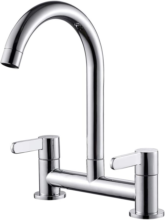 Kitchen Sink Mixer Taps, 2 Hole Kitchen Faucet, 360ยฐ Swivel Spout Dual Lever Sink Mixer Tap, Deck Mounted Kitchen Taps, Cold and Hot Mixer Tap, Sink Tap 1/4 Turn with UK Standard Fittings (Chrome)