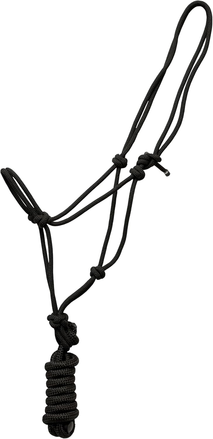 Nylon Rope Horse Halter 4 Knot 1/4" Stiff Training Durable Colorful Halter Used by Trainers Soft Control Rope for Groundwork Stable Use (BLACK)