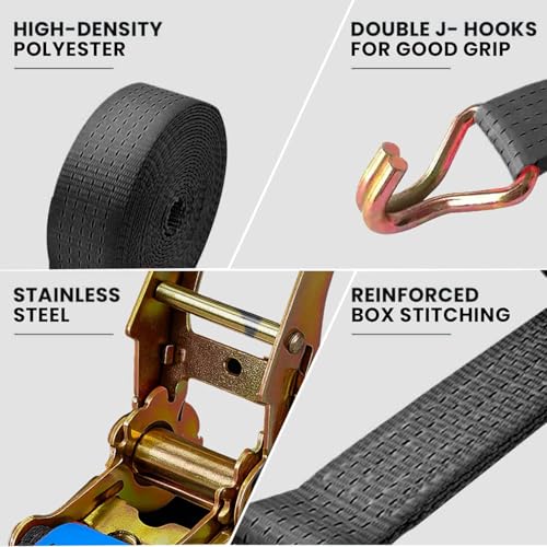 Image of Robustt Lashing Belt - Pack of 2 (Black) | Heavy Duty Ratchet Belt | 50mm x 10mtrs | Material | Double J Hooks Luggage Straps | Wear and Tear Resistant