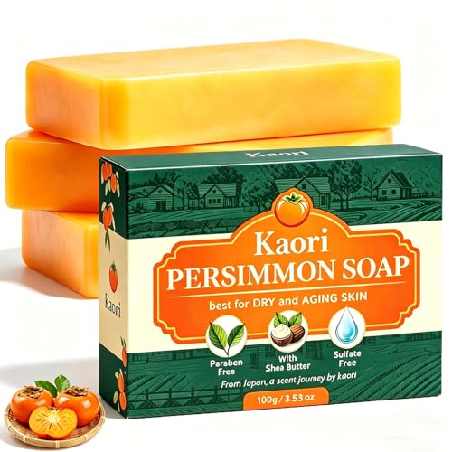 Kaori Deodorizing Persimmon Soap – Best for Dry and Aging Skin, with Japanese Persimmon and Green Tea Extract, Natural Body Wash Soap for Old People, Gentle Cleansing Body, for Men & Women (3 PCS)