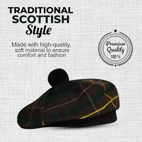 Image of Scottish Tam O' Shanter Hat Tartan Bonnet Pom Pom Wool Flat Cap One Size