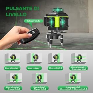 Livella Laser Autolivellante 16 Linee con Treppiede, 4 X 360 °Livello Laser Autolivellante Verde, 2 x Batterie, Autolivellante, Supporto rotante, Telecomando, Occhiali di sicurezza