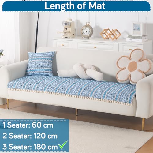 Image of HOKIPO Sofa Cover Mat with Tassel | 300 GSM Cotton Acrylic Jacquard for 3 Seater Sofa,'Trivana Series' Aqua Blue (IN-936-J7*S)