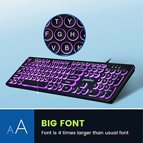 Image of Perixx PERIBOARD-317R Wired Backlit USB Keyboard - Big Print Letter - Tri-Color Illuminated LED - Stylish Round Keycaps - US English