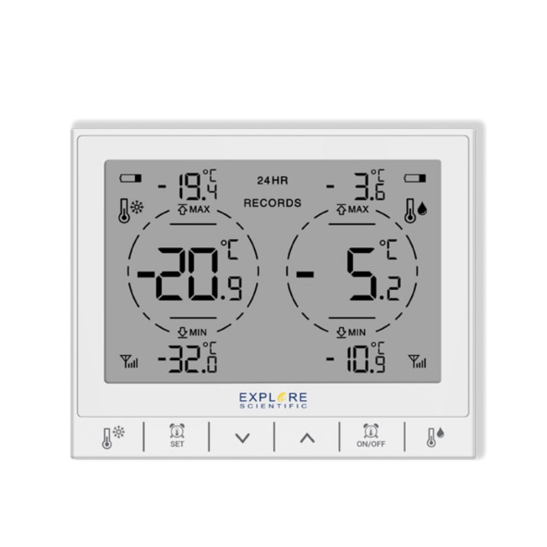 Explore SF2001 Termometro Digitale per Frigo e Freezer con 2 Sensori a Gancio, Allarme Alte/Basse Temperature, Memoria Storico 24h, Display LCD, Batterie Incluse, Bianco