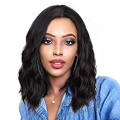 Short Black Wavy Wig Synthetic Curly Bob Wigs Wavy Wigs for Women Shoulder Length Middle Part Natural Looking Wigs