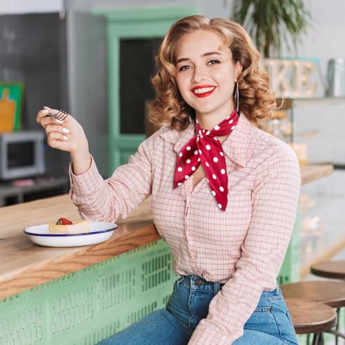 Chiffon Scarf Square Red Neck Scarf Red Polka Dot Bandana Square Red Handkerchief Vintage Red Bow Headband Head Scarf Red Bandana Headband Satin Scarf for Women and Girls2