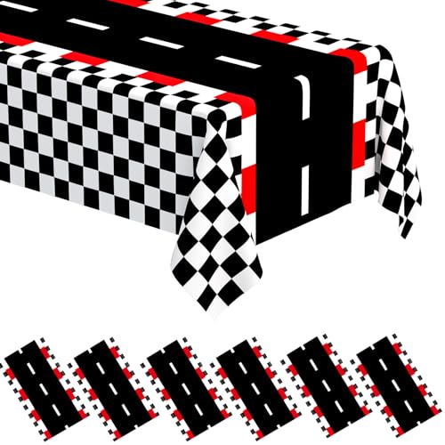 Image of WNINK 6 PCS Racing Car Theme Tablecloths Car Disposable Plastic Tablecloths Black Checkered Flag Table Covers Racetrack Rectangular Tablecloth for Race Car Birthday Party Decorations, 54 x 108 Inch