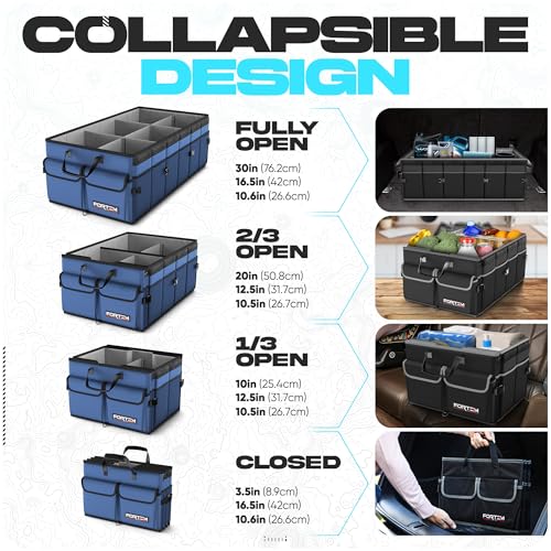 FORTEM Car Boot Organiser, Collapsible Multi Compartment SUV Organizer, Foldable Storage for Car Accessories for Women Men, 600D Oxford, Non Slip Bottom, Securing Straps, Soft Cover (85L)