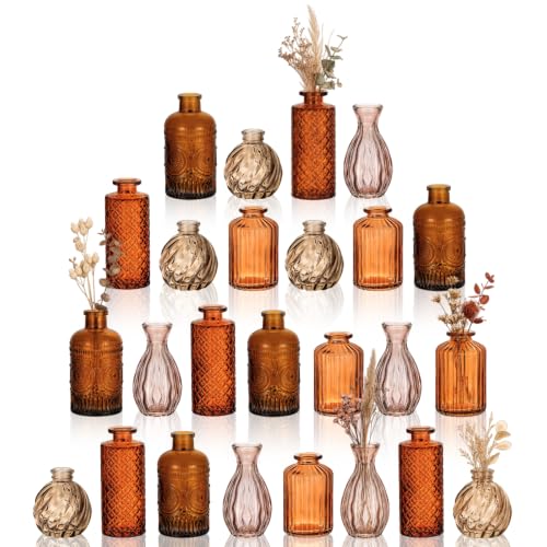Hewory Small Bud Vases Bulk: 25Pcs Glass Amber Flower Vases for Centerpiece