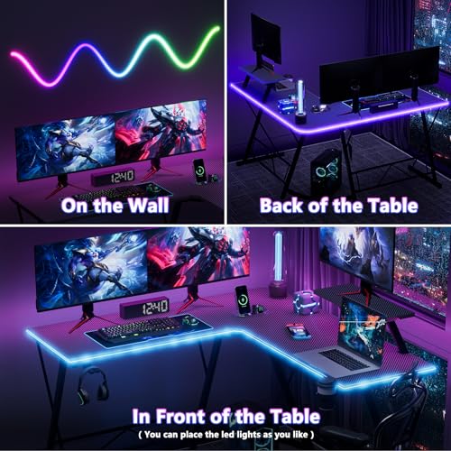 Mr IRONSTONE Gaming Desk with LED Lights, L Shaped Desk Corner with Cup Holder & Headphone Hook, Computer Desk Home Office Desks with Large Monitor Stand, Carbon Fiber Surface, Black 51 Inch - Image 6