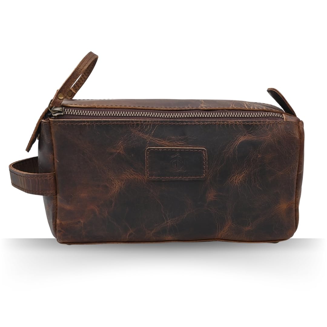 Neceser colgante de piel auténtica de búfalo con forro impermeable para hombres y mujeres, hecho a mano, vintage, de cuero marrón envejecido, kit de viaje, Interior espacioso: amplio