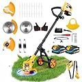 Electric Weed Wacker Cordless with Wheels,Electric Weed Eater Battery Powered 4000mAh,4 in 1 Grass Trimmer/Brush Cutter/Grass Edger/Small Lawn Mower,No String Trimmer with Blade, 2 Battery (Yellow)
