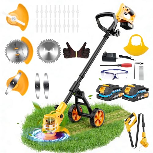 Image of Electric Weed Wacker Cordless with Wheels,Electric Weed Eater Battery Powered,4 in 1 Grass Trimmer /Brush Cutter /Grass Edger /Small Lawn Mower,No String Trimmer with Metal Blade,2 Battery (Yellow)