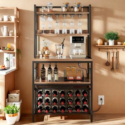 DWVO Large Bakers Rack with Power Outlets and Wine Rack, 5-Tier Microwave Stand with Glasses Holder, Coffee Bar Kitchen Storage Shelf with 6 Hooks, for Kitchen, Living Room, Office, Rustic Brown