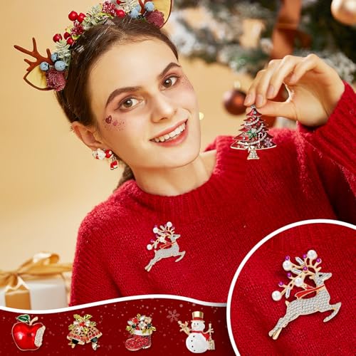 Image of 6 Pieces Merry Christmas Pins Brooch, Rhinestone Crystal Christmas Pin Enamel Christmas Bells Snowmen Socks Elk Brooch Christmas Decoration Ladies Holiday Gift Jewelry Party
