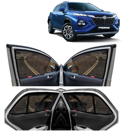 Image of KINGSWAY Car Side Window Curtain Sun Shades Magnetic for Maruti Suzuki Fronx (2023 Onwards), Half Cut in Front Window with Rear Windshield, Cotton Mesh, Complete Set of 5 Piece